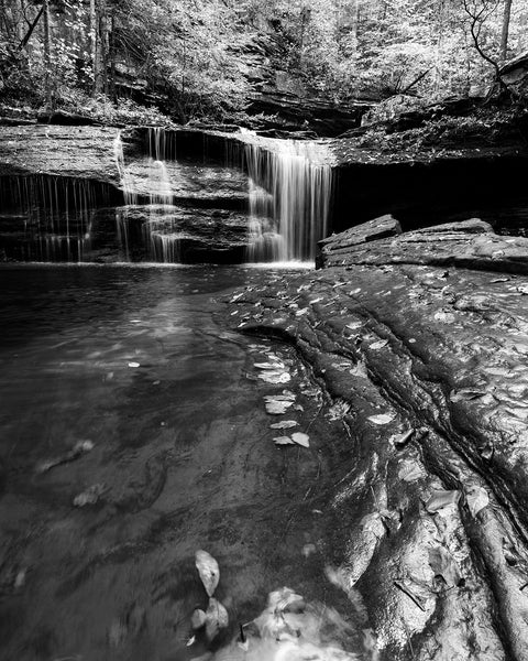 Black and white landscape photograph of waterfall cascading over the edge of a rock ledge deep in the dark forest.