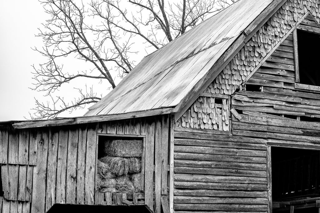 Black and white detail photograph of an old wooden hay barn with bales of hay in the window.