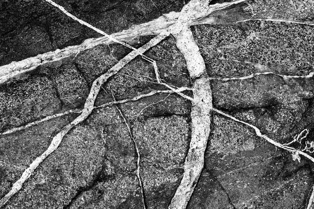 Black and white photograph of abstract patterns in the rocks of the New England seacoast of Massachusetts.