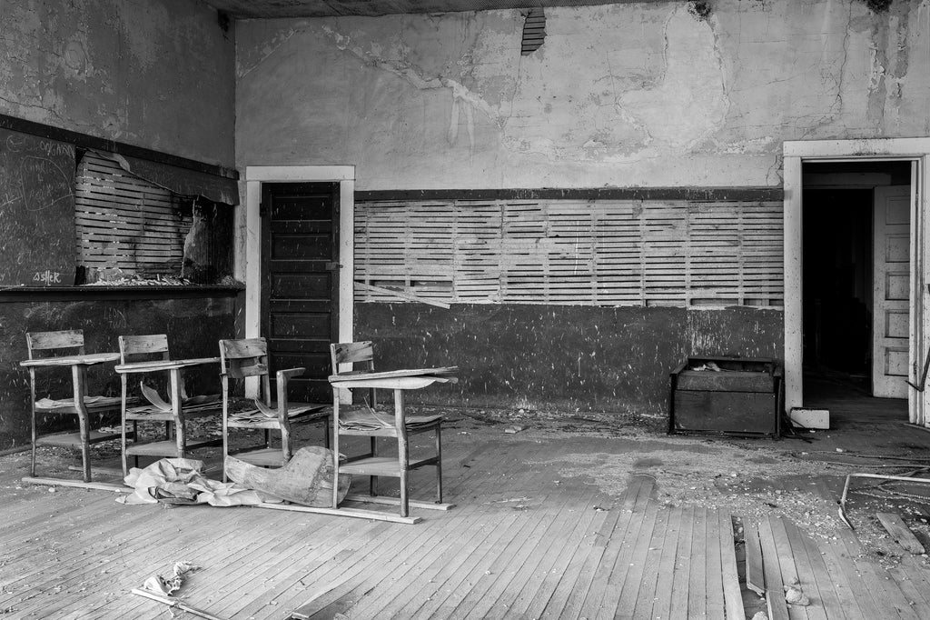 Abandoned Cedarvale School Classroom Interior - Black and White Photograph (KD008503X)
