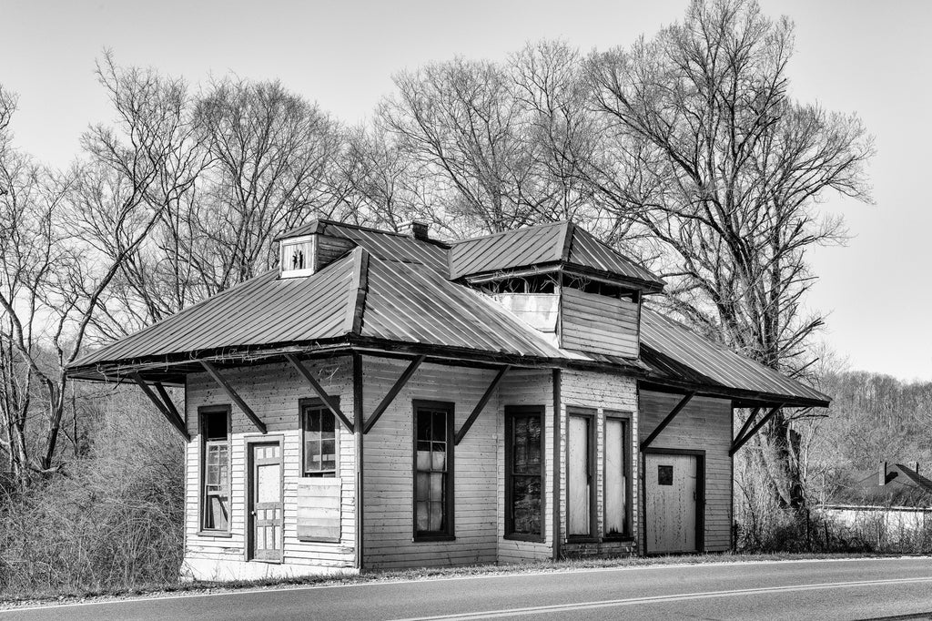 Black and white photograph of the old McKnight Train Depot, which served the Middle Tennessee Railroad from 1910 until 1927, when the train tracks were pulled up and the road paved over the old trackbed.