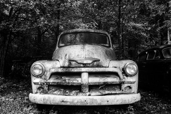 Black and white photograph of a ghostly pale antique truck sitting before a dark forest background.