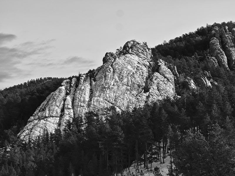 Black and white landscape photograph of the beautiful Black Hills of South Dakota, featuring a large rock outcropping among the dark pine trees.