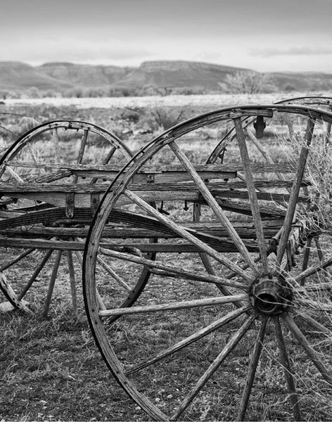 Black and white photograph focused on a weathered old wagon, abandoned in the beautiful Wyoming landscape.