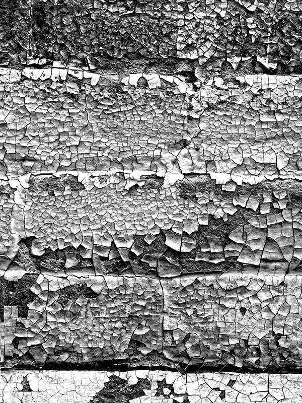 Black and white fine art photograph of a chips and flakes of paint on a brick wall in Miles City, Montana.
