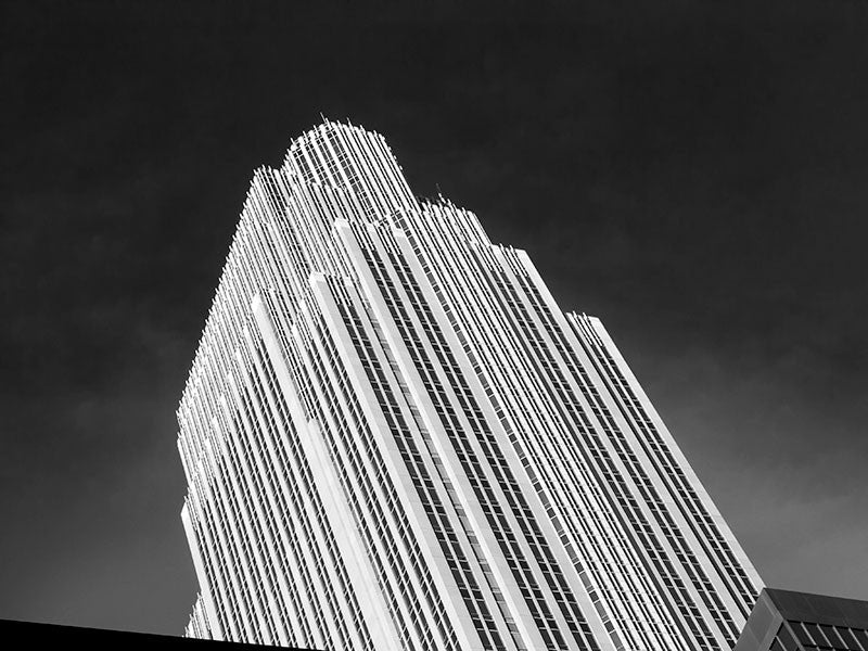 Black and white photograph of the Norwest Center (now called the Wells Fargo Center), built 1988 in downtown Minneapolis.