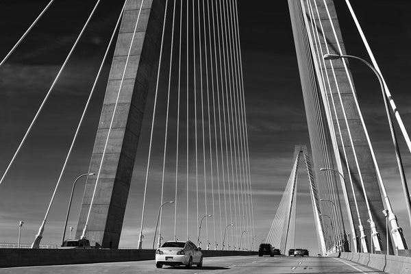 Black and white photograph of the Arthur Ravenel Jr. Bridge in Charleston, South Carolina.