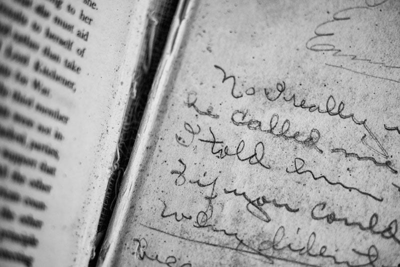 Black and white detail photograph of the pencilled handwriting of Iva Carter, a school girl from Greenville, Texas, who at some point owned this old history textbook. A Short History of England, by Edward P. Cheyney, was published in 1904. It's unclear when Iva used the book, and I have been unable to learn any other details of her life.