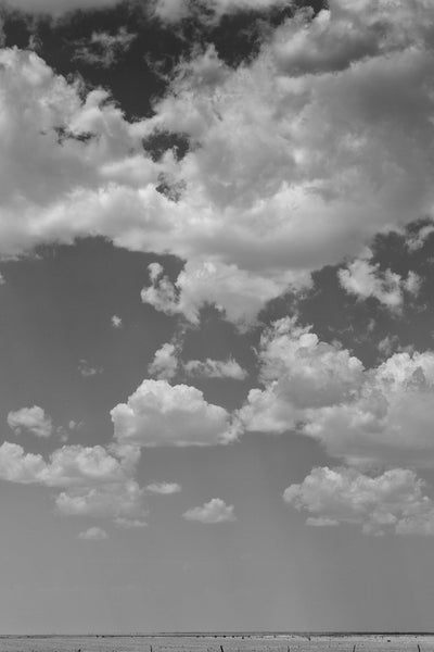 Black and white landscape photograph of clouds in the big sky near Amarillo in the Texas Panhandle.