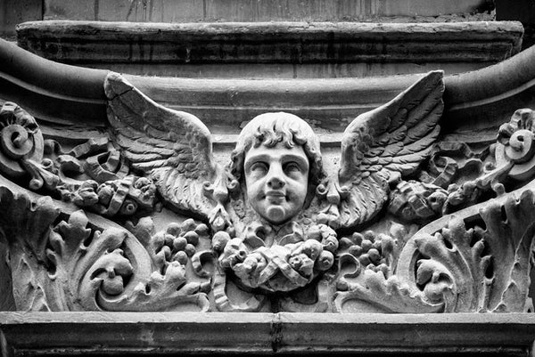 Black and white fine art photograph of a winged cherub architectural detail found on a building in downtown Memphis, Tennessee.