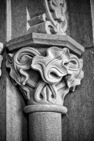 Black and white architectural detail photograph of a column decorated with carved ivy details at the Smithsonian Institution in Washington, DC.