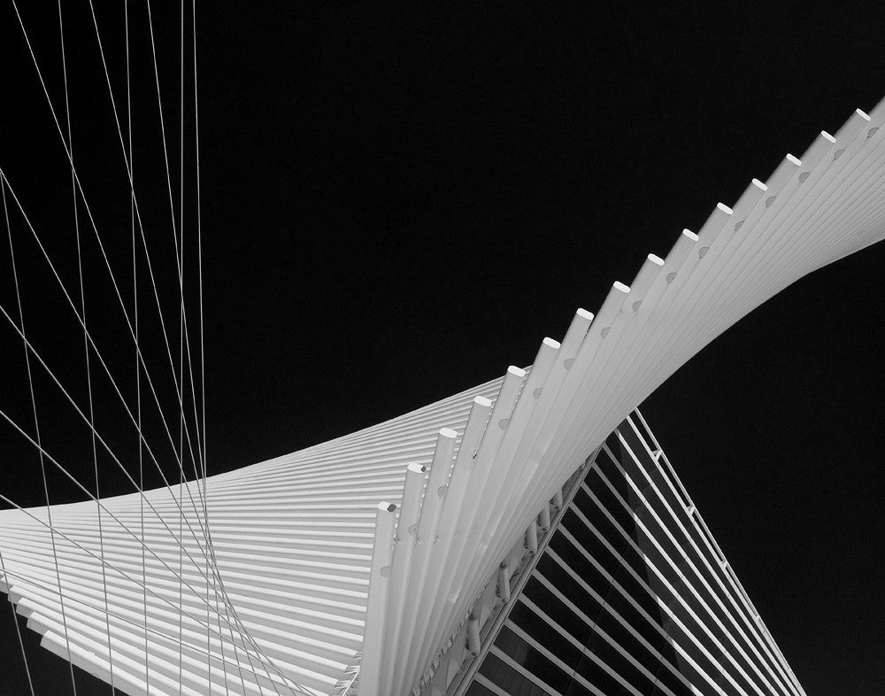 Black and white photograph of the Milwaukee Art Museum's stunning Quadracci Pavilion designed by Spanish architect Santiago Calatrava.