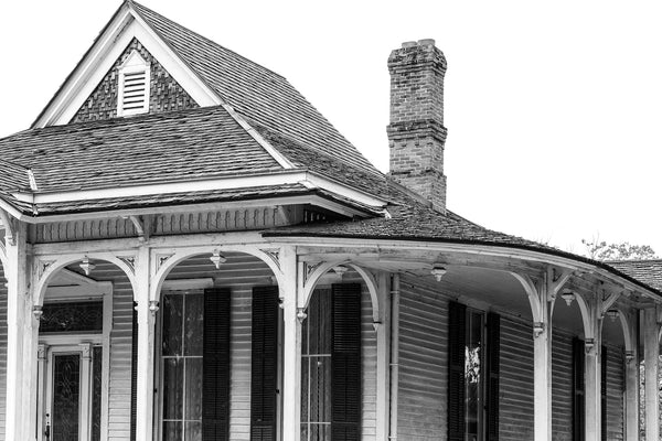 Black and white photograph of the historic 1868 Pillot House in Houston, Texas.