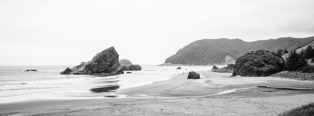 Black and white wide-format landscape photograph of a small river entering the Pacific Ocean on a beach along the coastline of Oregon.