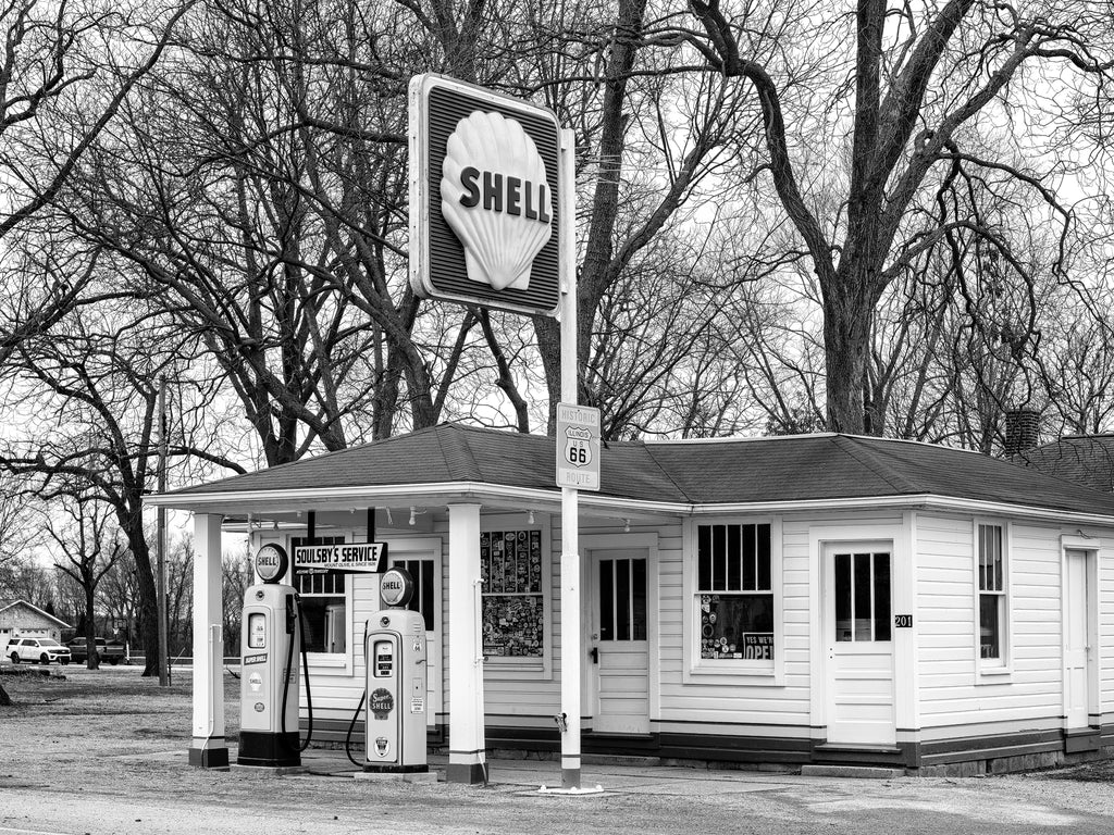 Black and white photograph of the historic Soulsby Shell Gas Station, built 1926 on Route 66 in Mount Olive, Illinois.
