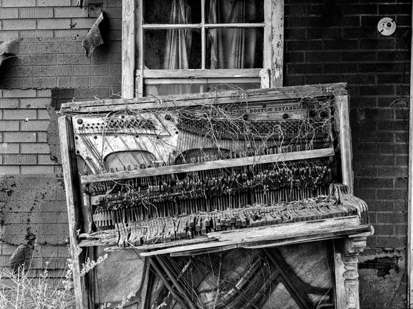 Black and white photograph of an antique 1890s Vose & Sons piano left to weather and decay on the front porch of an abandoned house in the American South.