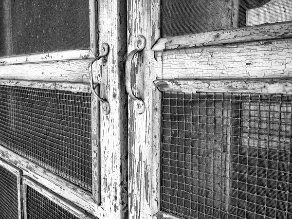 Black and white photograph of the screen doors on the front of an abandoned historic store in the totally vacant downtown area of a small southern town.