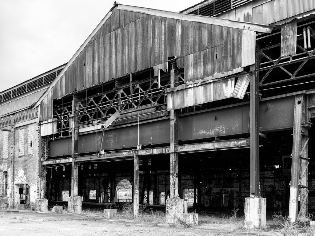 Black and white medium format photograph of Chattanooga's vast, abandoned Wheland Foundry, which closed forever in 2003.