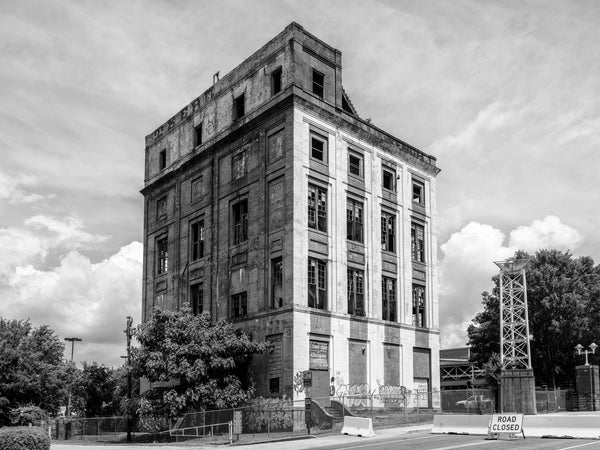 Black and white medium format photograph of the ruins of Chattanooga's abandoned Parkway Towers building, constructed in 1920 and formerly home to Tennessee Electric Power Company.