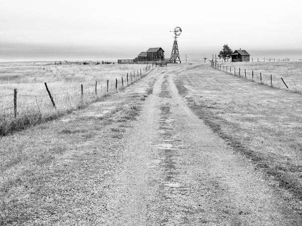 Black and white photograph of a historic prairie homestead site in the middle of the vast South Dakota landscape.