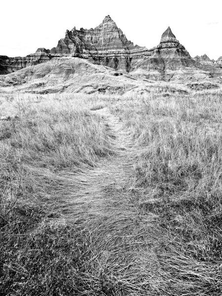 Black and white photograph of a footpath through the tall grass running toward rugged peaks in the incredible South Dakota Badlands.