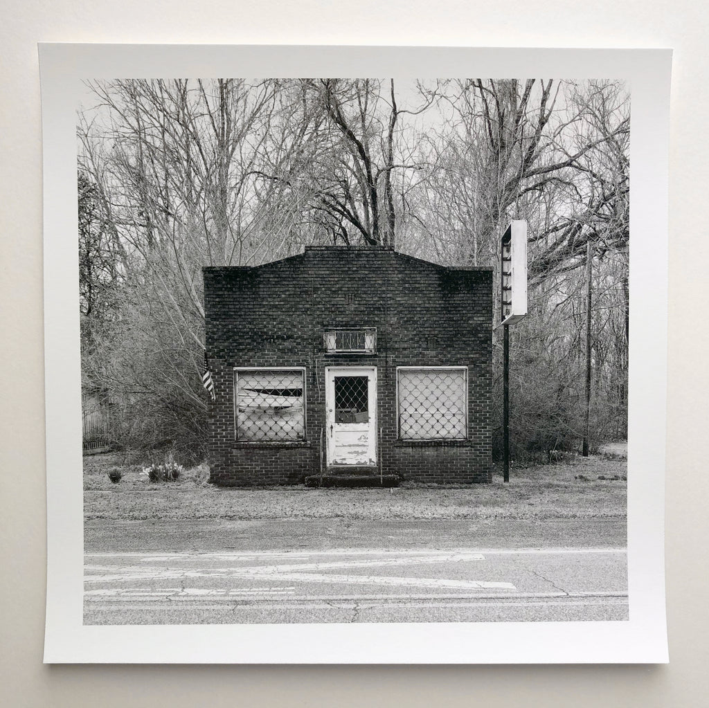 Mississippi Abandoned Storefront by Keith Dotson, black and white print on baryta coated paper. This is a sample print made by Keith Dotson for a YouTube video, offered at a special price.