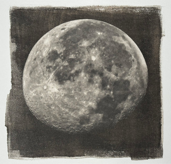One-of-a-kind, handmade platinum-palladium print showing the moon with painterly brush strokes in the chemistry. Limited to an edition of one.