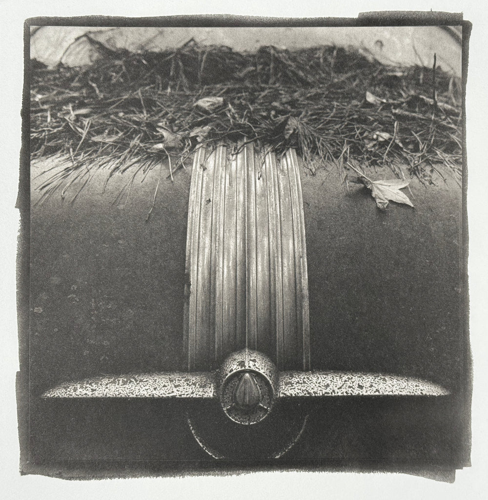 One-of-a-kind, handmade platinum/palladium print of the ornament on the trunk of an antique car abandoned in the woods in the American South. Limited to an edition of 8 at this size plus two artist proofs, the price will increase with each sale.