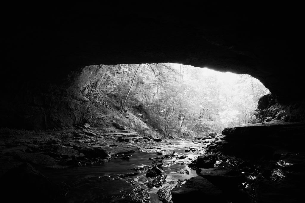 Black and white photograph made inside a cave looking outside the wide mouth toward the stream and surrounding forest.