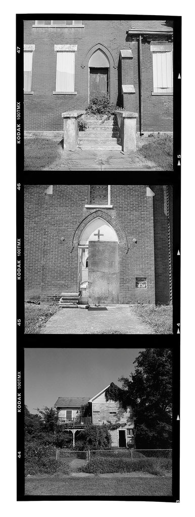 Scan of the contact sheet of three black and white photographs of abandoned buildings in the small town of Mound City, Illinois, shot on medium format film with the Kodak TMAX film edge visible.