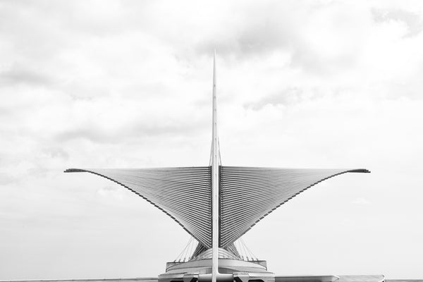 Black and white photograph of the beautiful Milwaukee Museum of Art building in Milwaukee, designed by Santiago Calatrava.