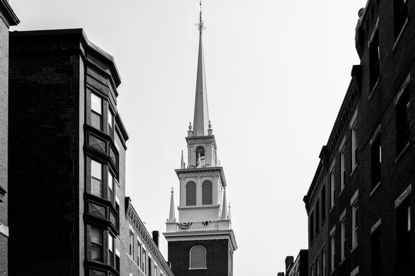 Black and white photograph of the spire of the historic Old North Church in which two lanterns signaled Paul Revere's famous midnight ride.