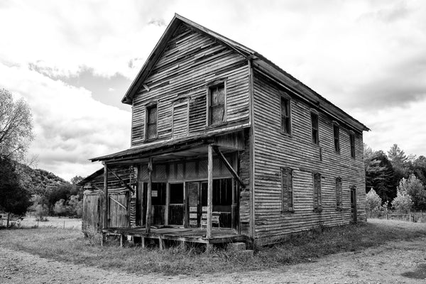 Black and white photograph of the historic Hamilton-Lay General Store, built by Alexander Lafayette "Fate" Hamilton in 1840 at Hamilton Crossroads in the hills of Union County, Tennessee.