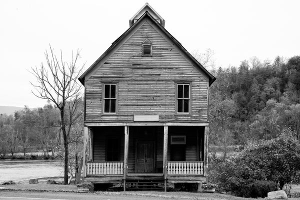 Black and white photograph of the Hiwassee Meeting Hall, built in 1899 by a partnership of the local Hiwassee Union Church and the Masons. The church met on the first floor and the second floor served as the Masonic meeting hall. During the week, the first floor also doubled as a school.