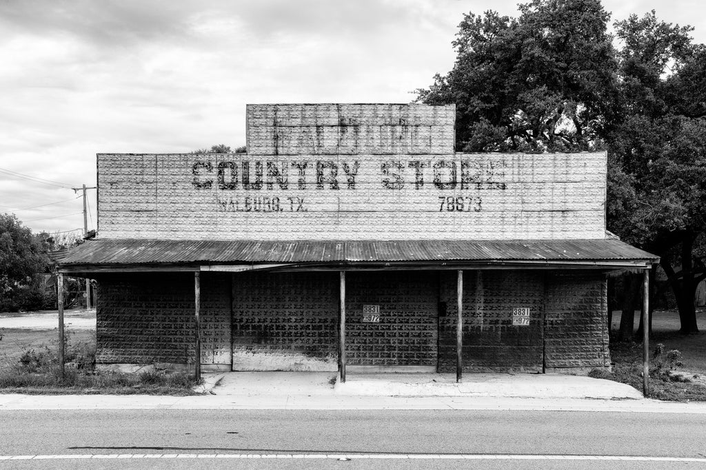Black and white photograph of the old country store in the small community of Walburg, Texas, founded in the 1890s by German immigrants about 33 miles northeast of Austin.