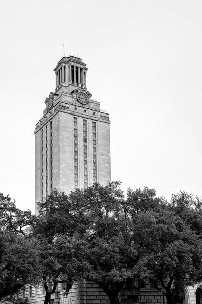Black and white photograph of big trees surrounding the base of the iconic tower built in 1937 on the campus of the University of Texas at Austin.