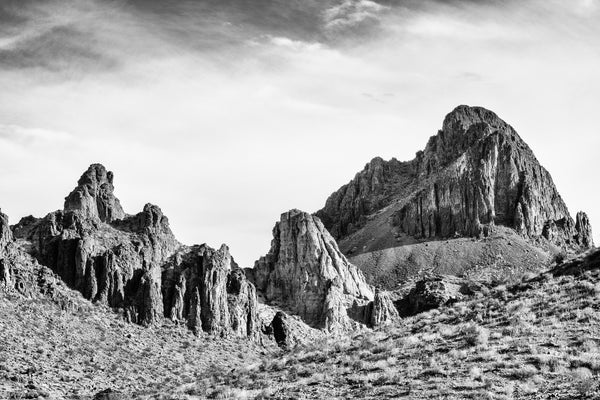 Black and white photograph of the rugged mountain landscape of Arizona near the community of Oatman.