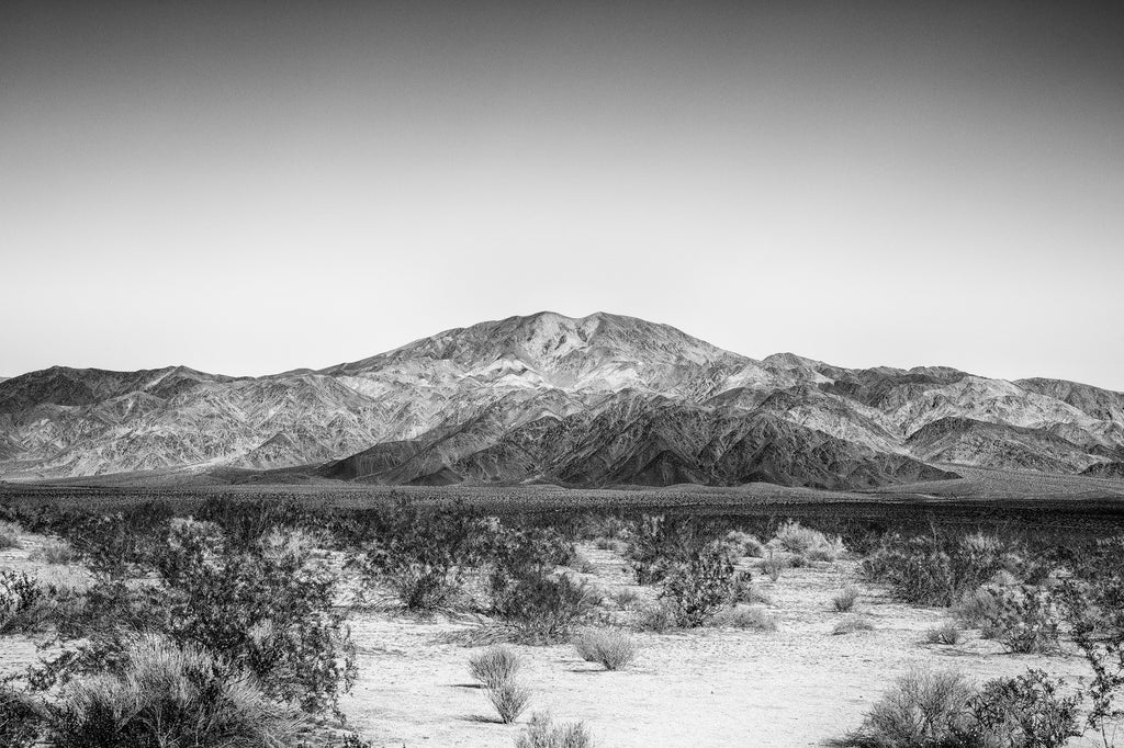 Black and white landscape photograph of a mountain range seen beyond a wide flat desert plain at Joshua Tree National Park in California.