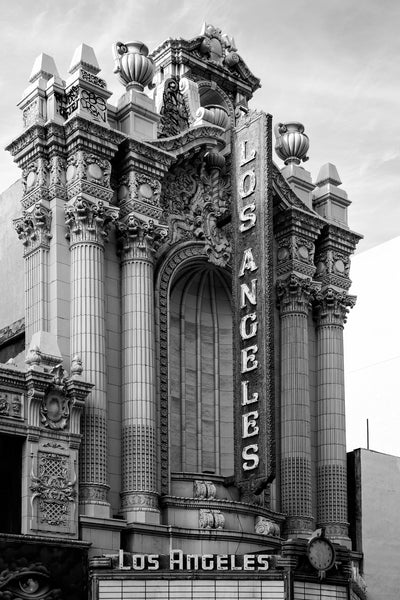 Black and white photograph of the historic Los Angeles Theatre, an ornate movie palace built in 1930 in downtown Los Angeles.