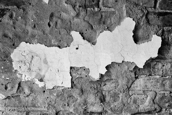 Black and white photograph of a patch of broken plaster on the wall of an abandoned jail in the deep south at Tunica, Mississippi.