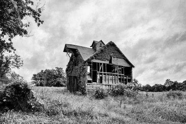 Black and white photograph of the abandoned ruins of an old wooden barn set in a moody landscape in the American South.