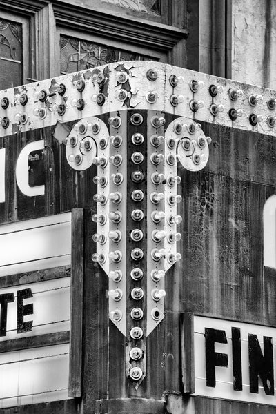 Black and white photograph of the weathered marquee of the old Majestic Theatre in downtown Chillicothe, Ohio.