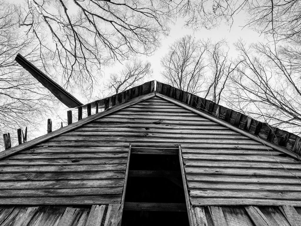 Black and white photograph of the abandoned farmhouse of William Eli Tillman (1894-1970), a farmer and sawmill operator who, with his wife Mary Lessie Tillman, raised four daughters in this house, which he built in the 1920s in the woods of the American South.