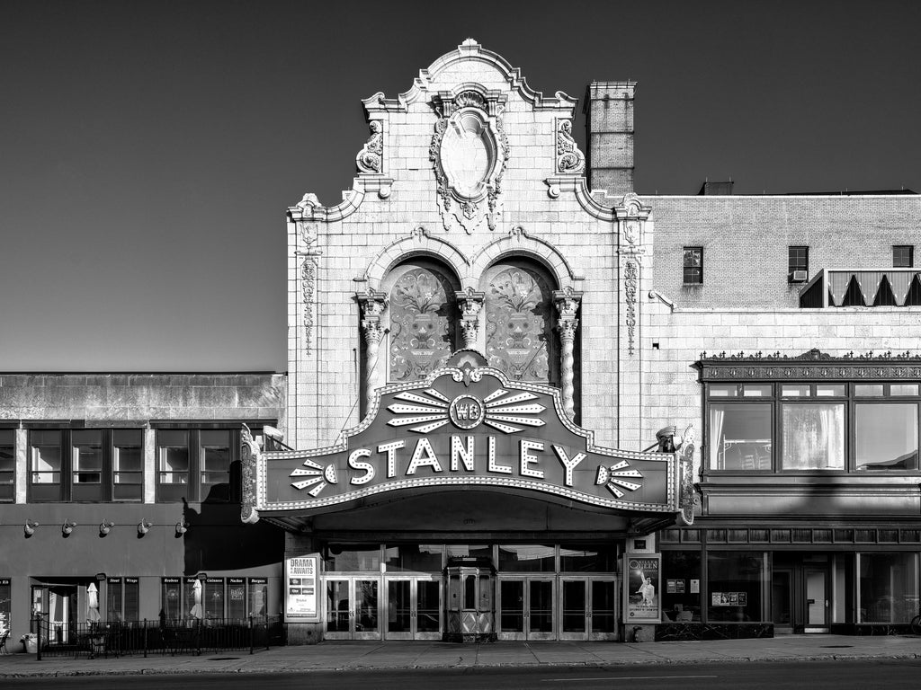 Black and white photograph of the historic Stanley Theatre that opened in 1928 in Utica, New York.