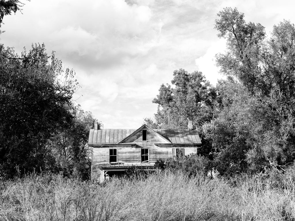 Black and white photograph of a beautiful two-story wooden farmhouse standing amid tall grass and trees in rural Virginia in the American South.