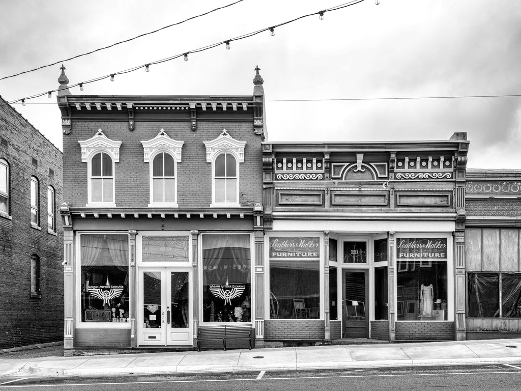 Black and white photograph of historic architecture in downtown Grayville, Illinois.