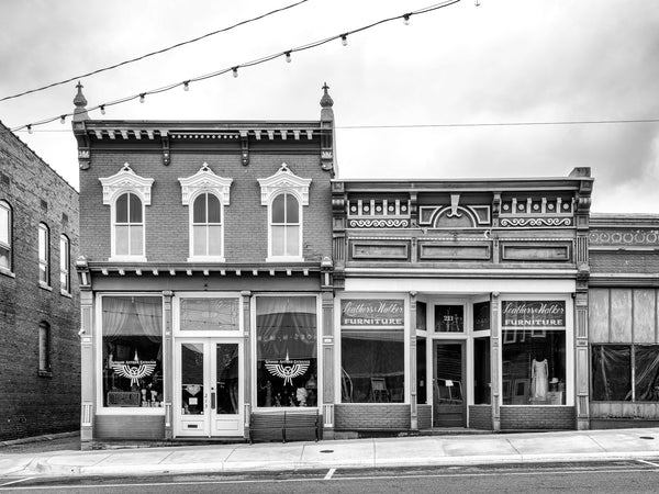 Black and white photograph of historic architecture in downtown Grayville, Illinois.