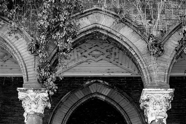 Black and white photograph of ivy draped from the decorative terra cotta arches on the front of Louisville's historic abandoned Quinn Chapel, which was built in the 1860s.