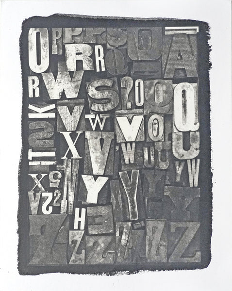 One-of-a-kind, handmade platinum/palladium print showing a collection of antique woodblock letters in a variety of font styles. Limited to an edition of 8, the price will increase with each sale.

Each print of the edition will be a unique, handmade print that will vary slightly from the first print shown here.

The brushed edge around the image is a result of painting the light-sensitive platinum/palladium solution onto the art paper. Considered beautiful by many, it can be left visible in the window of th