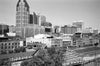 Black and white photograph of downtown Nashville, as seen from the John Seigenthaler Pedestrian Bridge (formerly known as the Shelby Street Pedestrian Bridge)